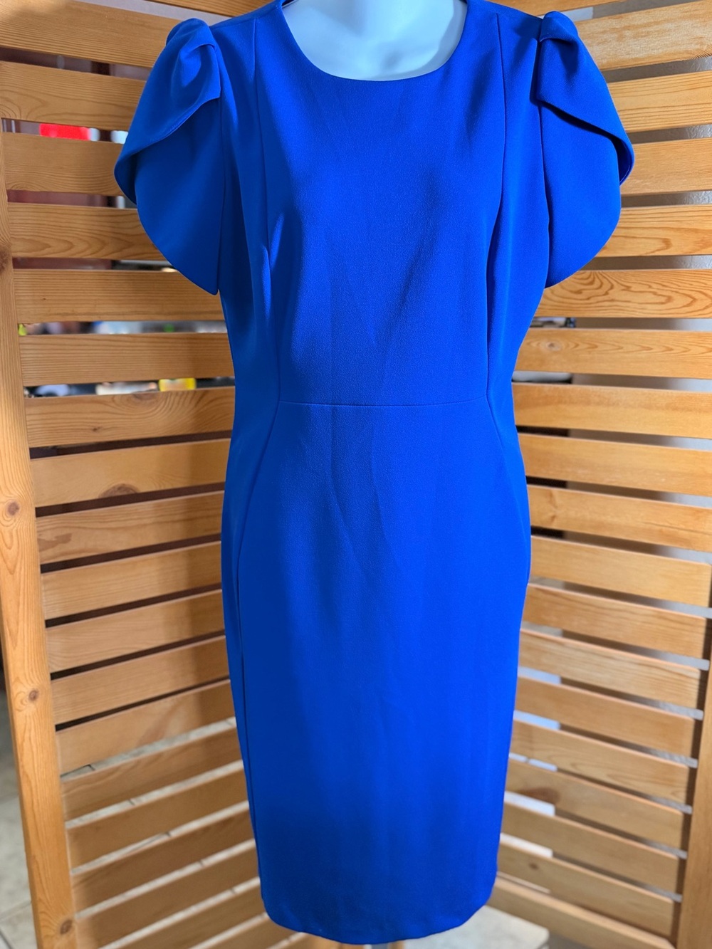 Calvin Klein Cobalt Blue Midi Sheath Dress with Sculpted Puff Sleeves
